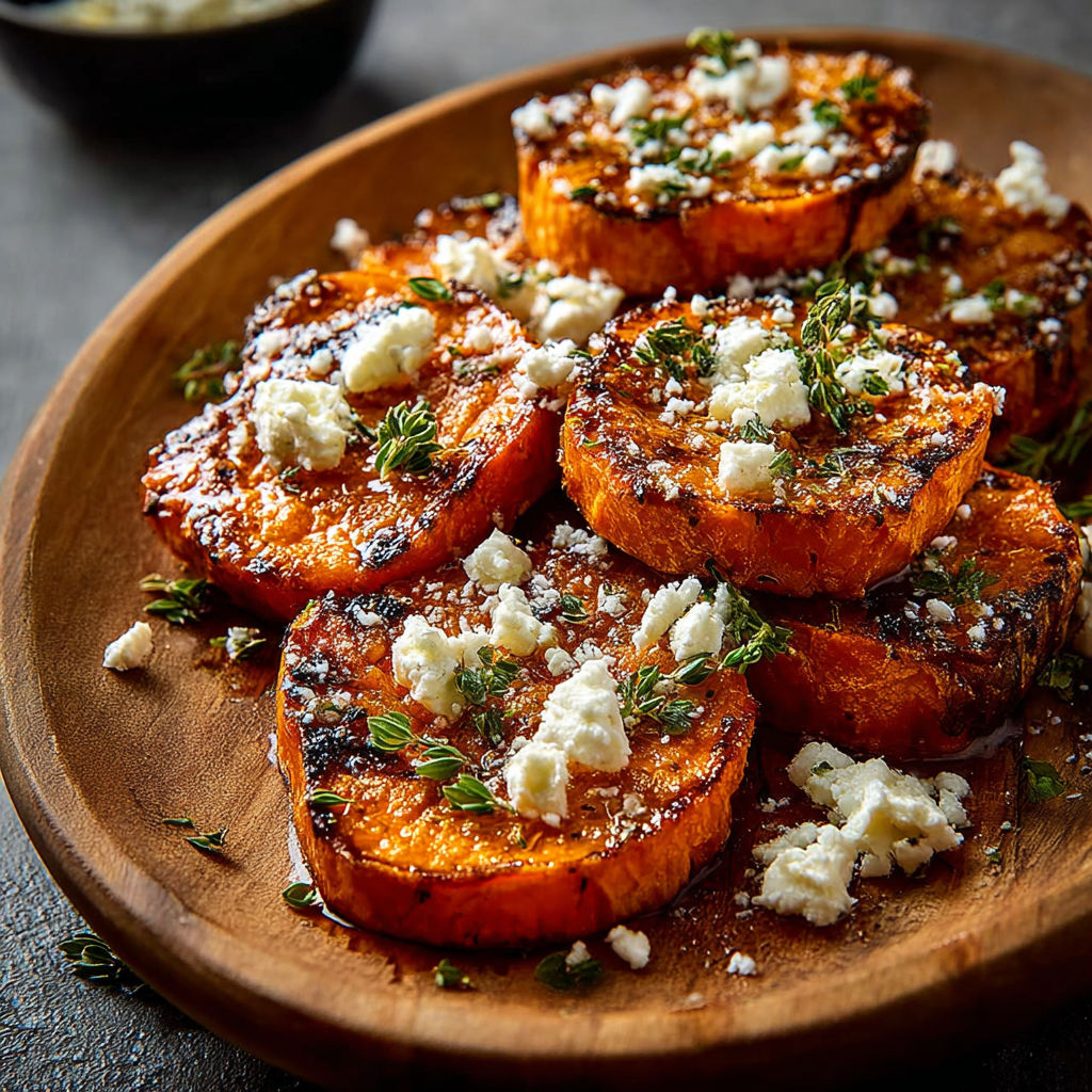 Sweet potato rounds with feta cheese and honey.