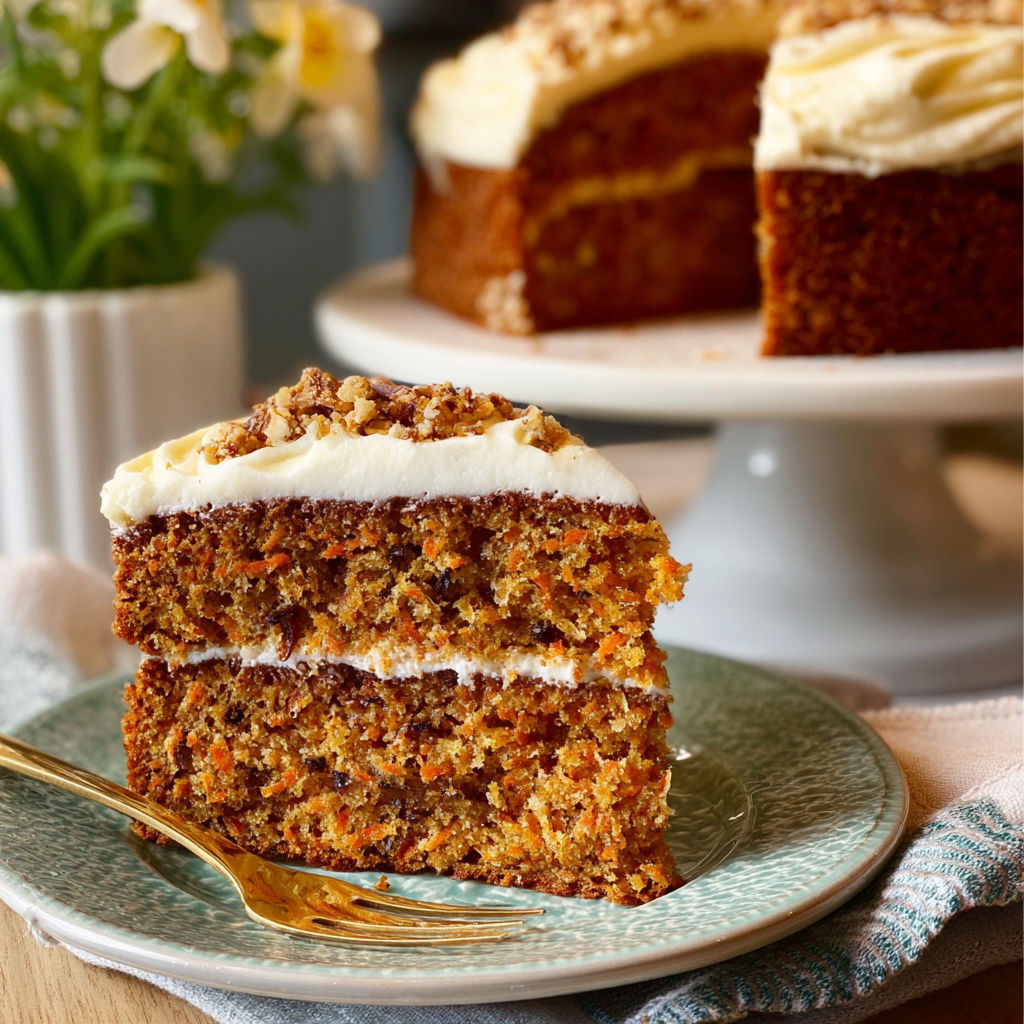 A slice of carrot cake on a plate.