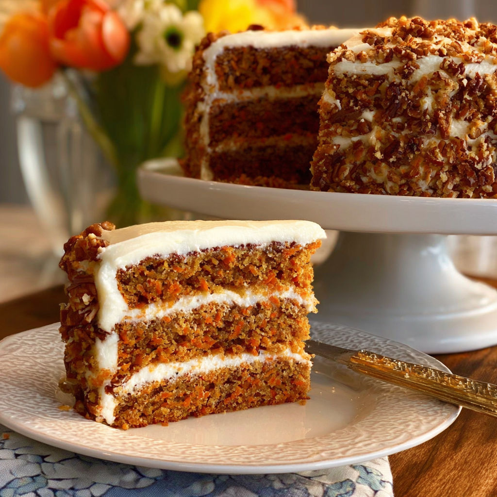 A slice of carrot cake on a plate.