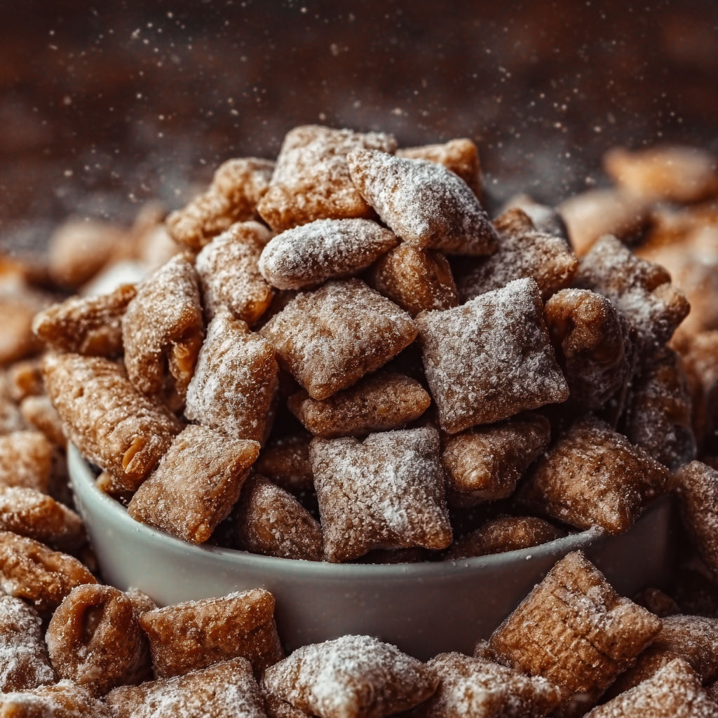 A bowl of puppy chow with a dusting of powdered sugar.