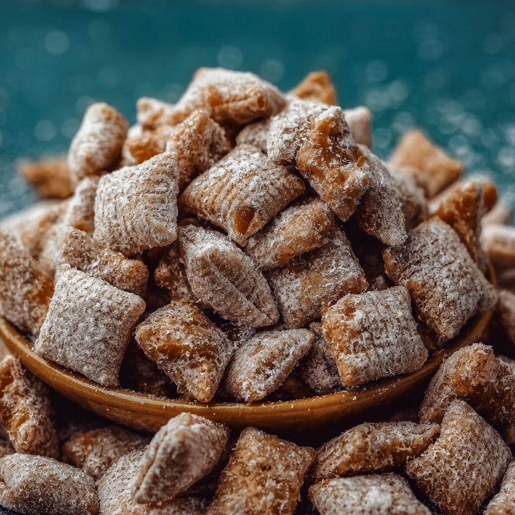 A bowl full of caramel apple puppy chow.