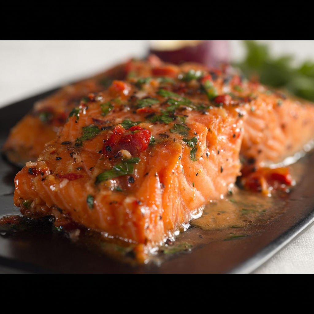 A plate of food with a salmon dish.