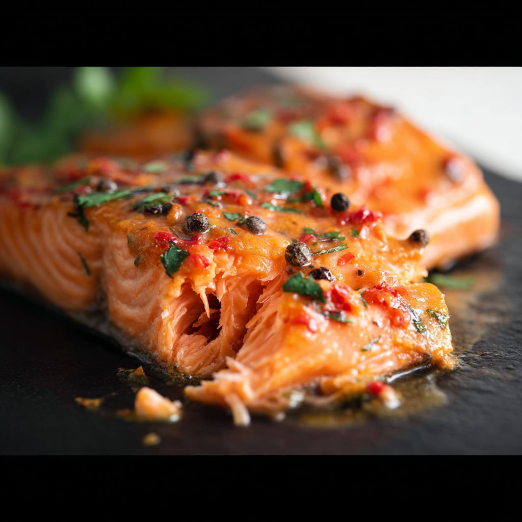 A piece of cooked fish with a spicy sauce.