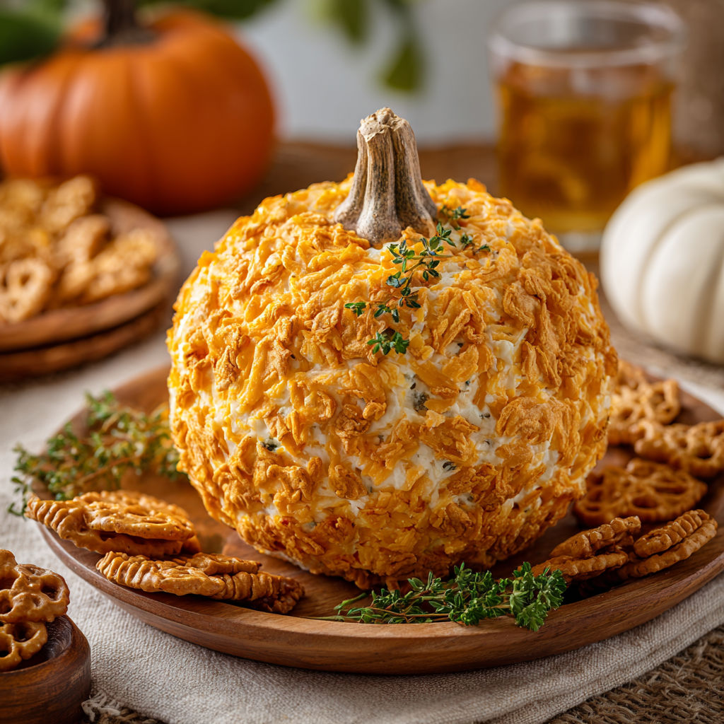 A pumpkin cheese ball with a twig in it.
