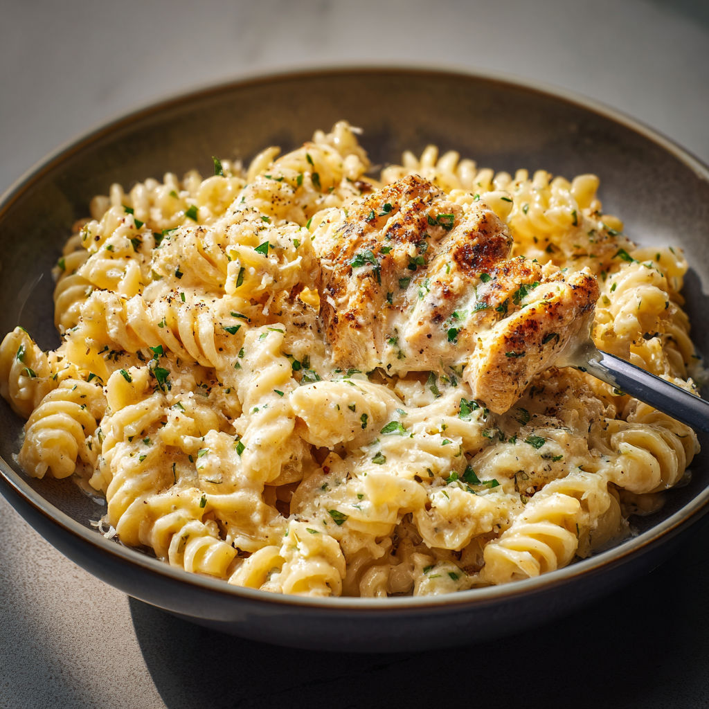 A bowl of pasta with chicken and garlic.