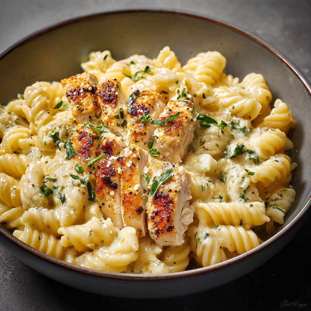 A bowl of pasta with chicken and garlic.