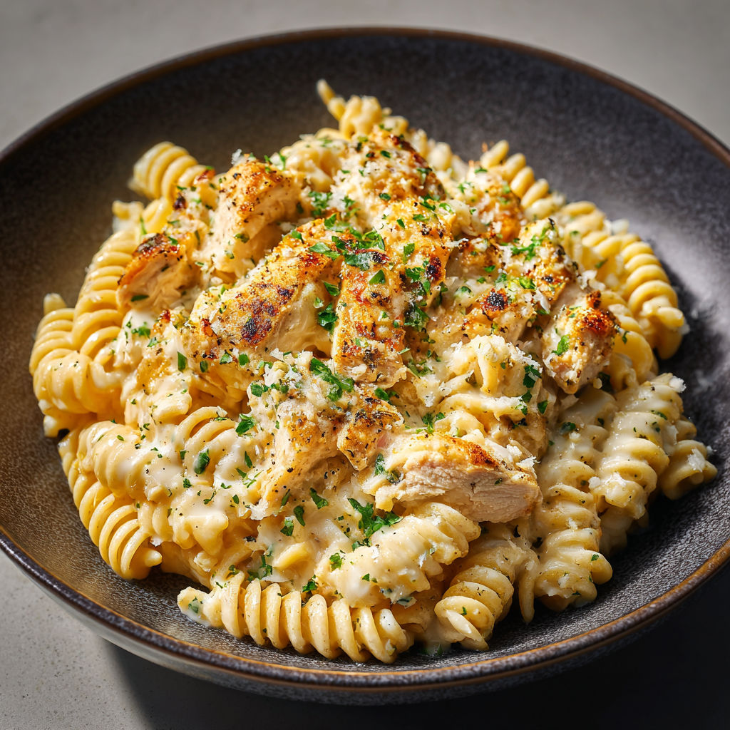 A bowl of pasta with chicken and cheese.