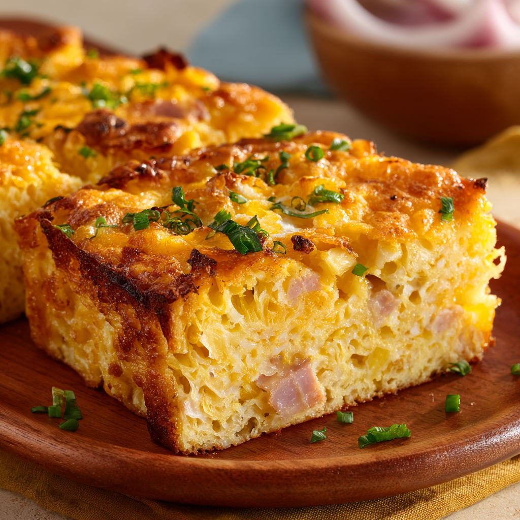 A slice of savory Hawaiian breakfast cake.