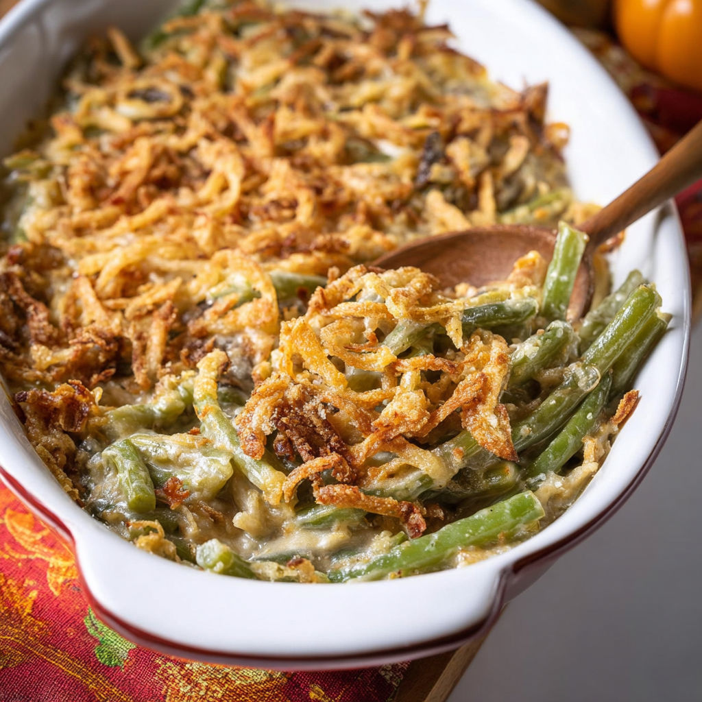 A white bowl filled with a green bean casserole.