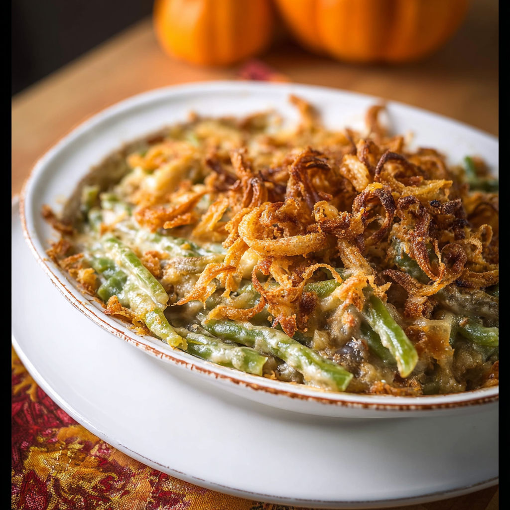 A plate of food with onions and green beans.