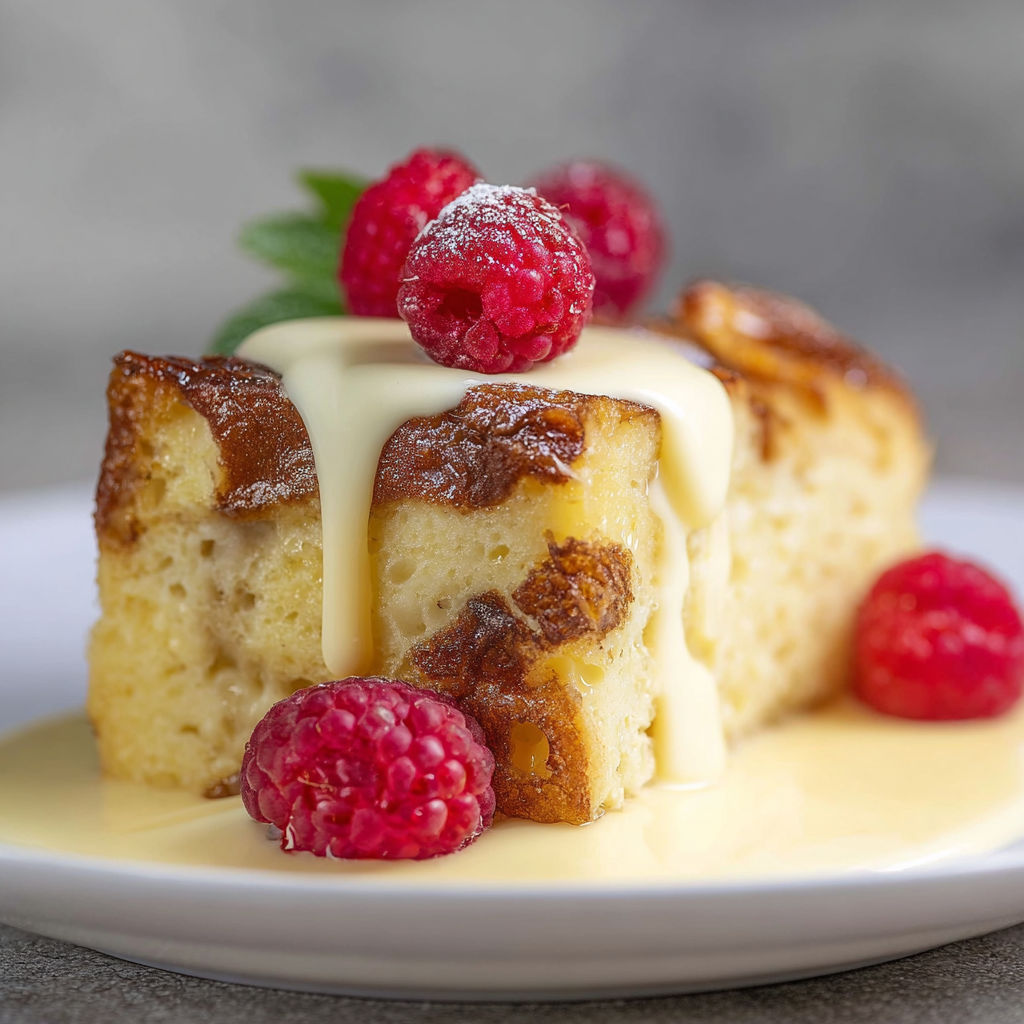 A slice of custard bread pudding with vanilla sauce.