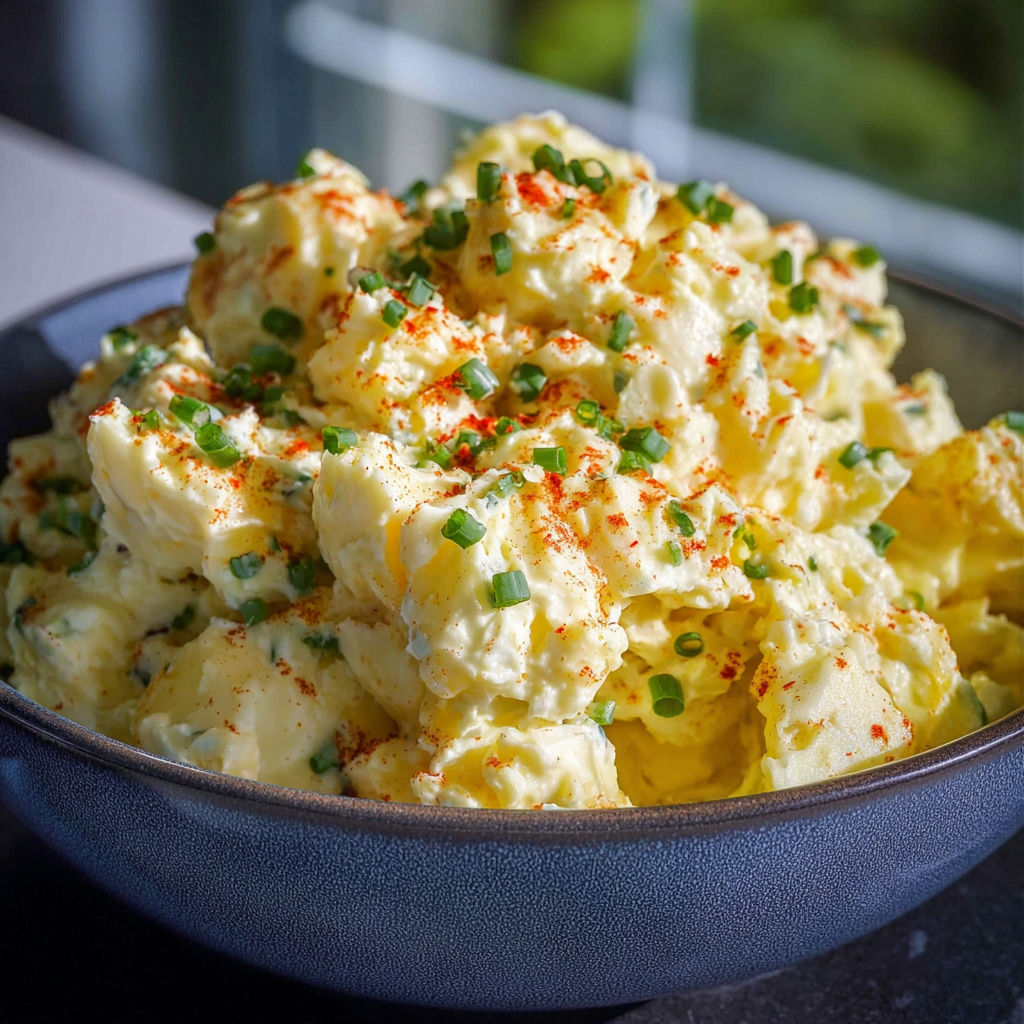 A bowl of potato salad with green onions.
