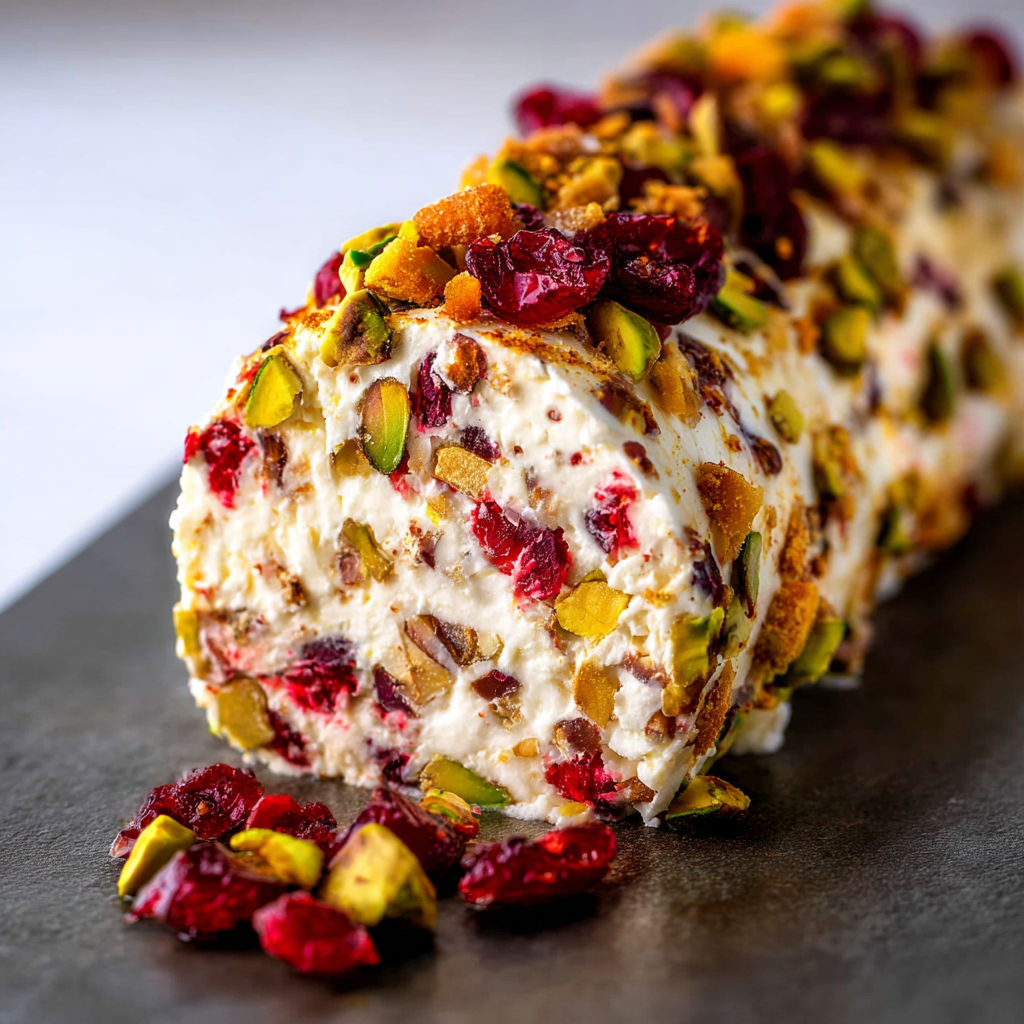 A log of cranberry pistachio cheese.