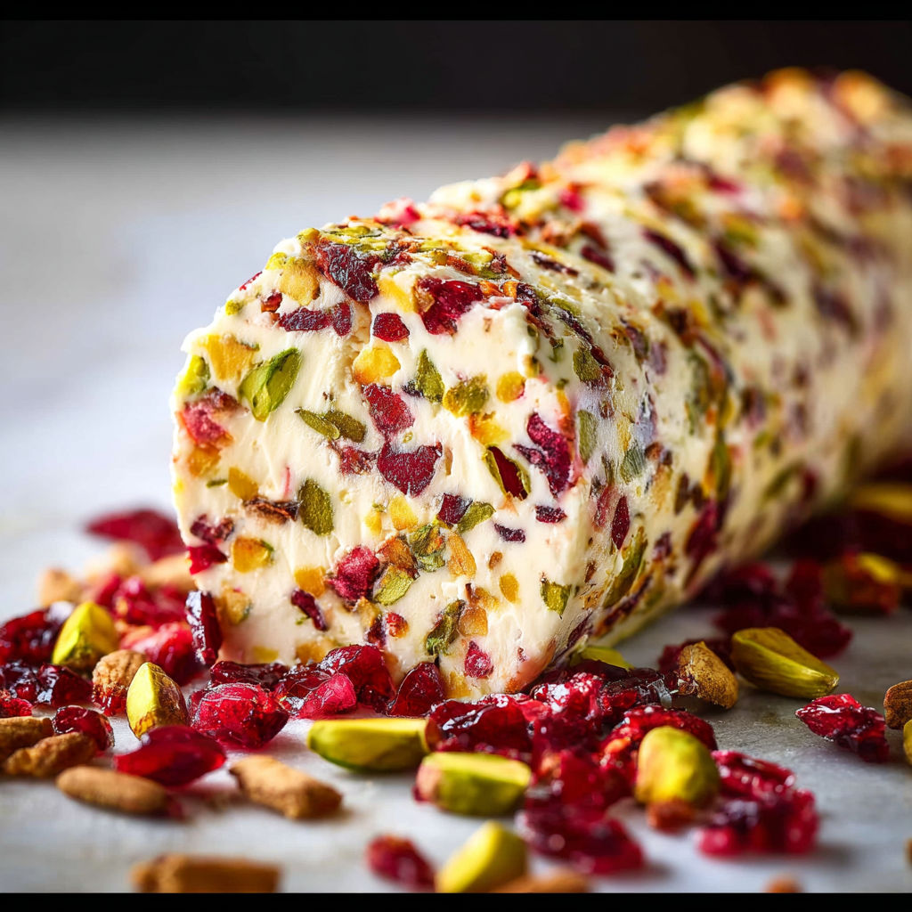 A log of cranberry pistachio cheese.