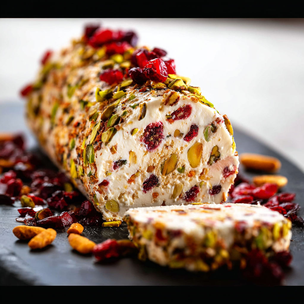 A log of cranberry pistachio cheese