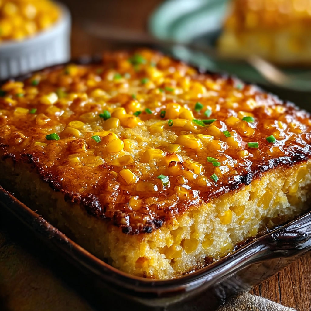 A casserole dish with a corn casserole in it.