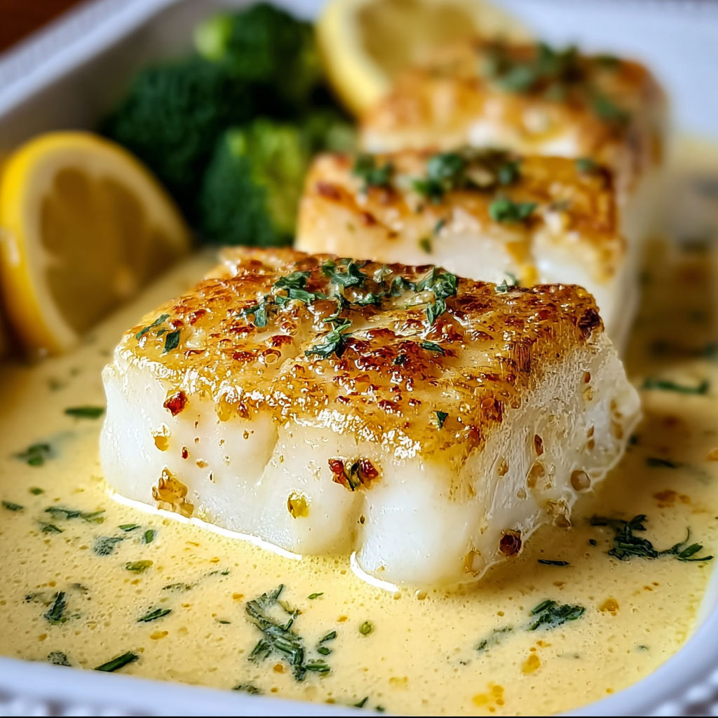 Baked cod in coconut lemon cream sauce.