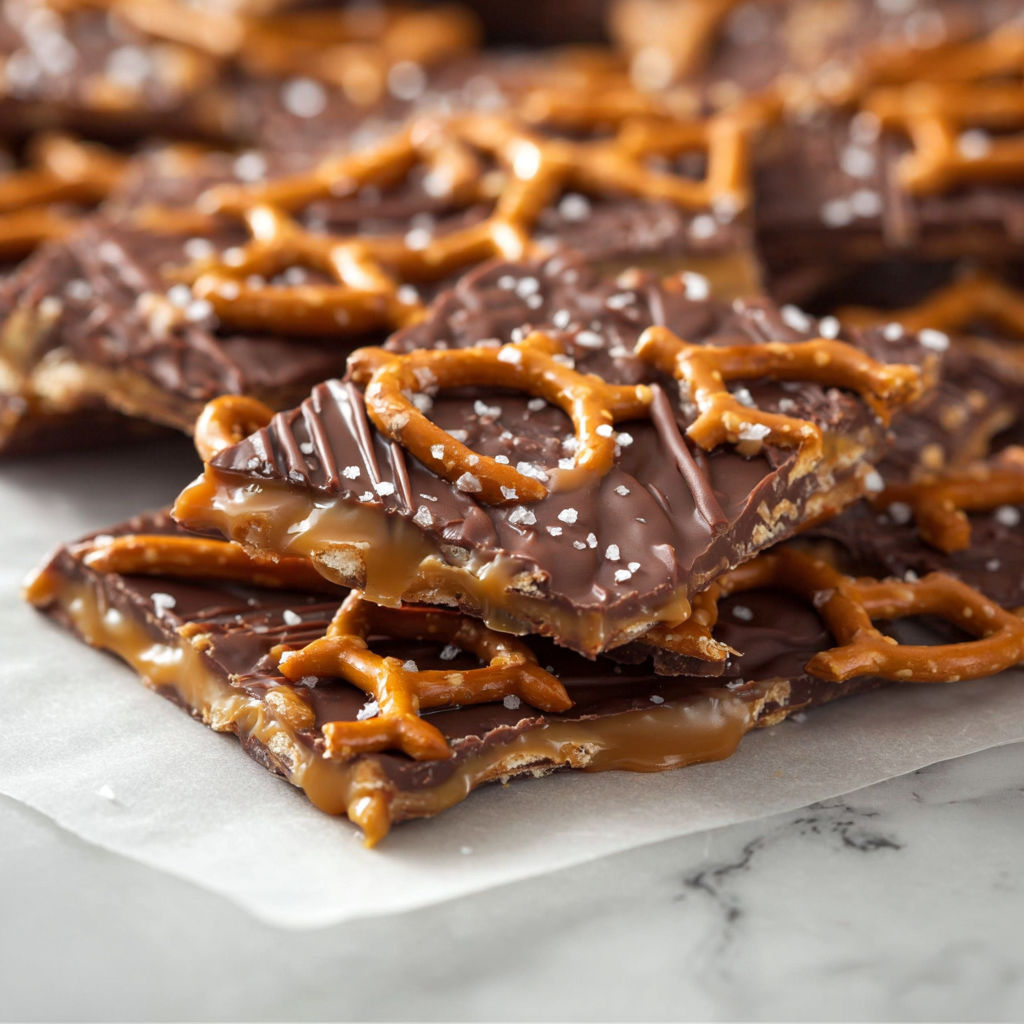 Salted caramel pretzel bark on a marble counter.