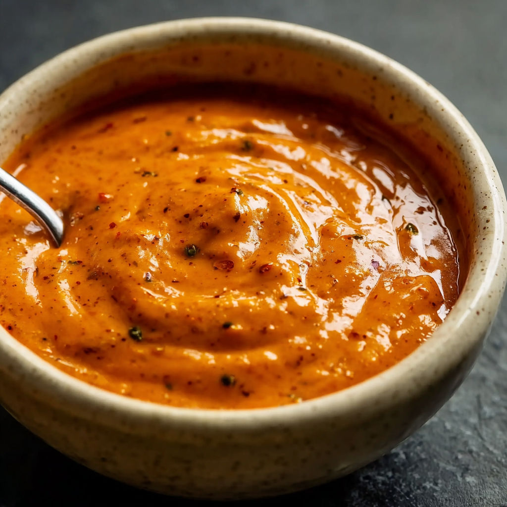 A bowl of soup with a spoon in it.
