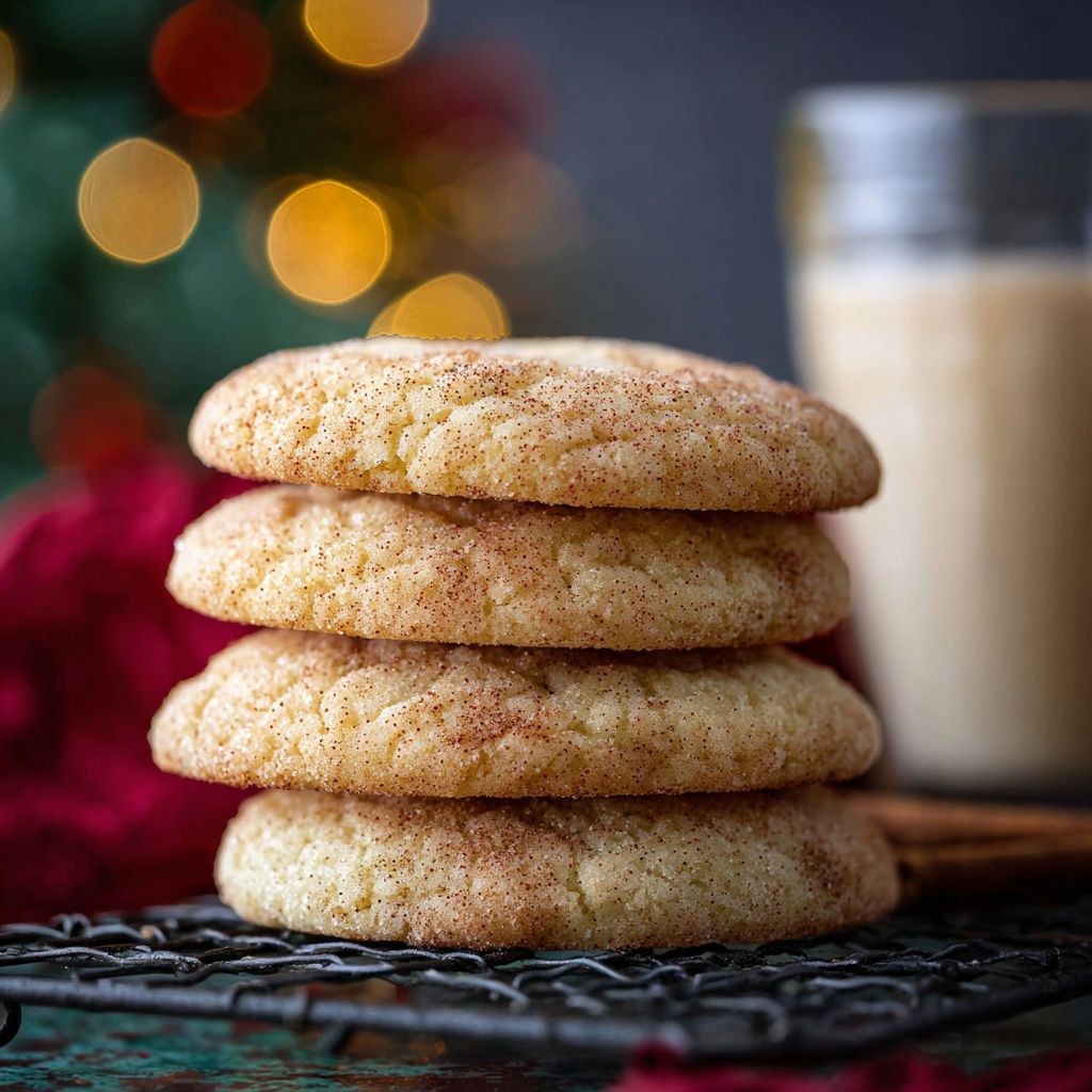 A stack of cookies with a glass of milk.