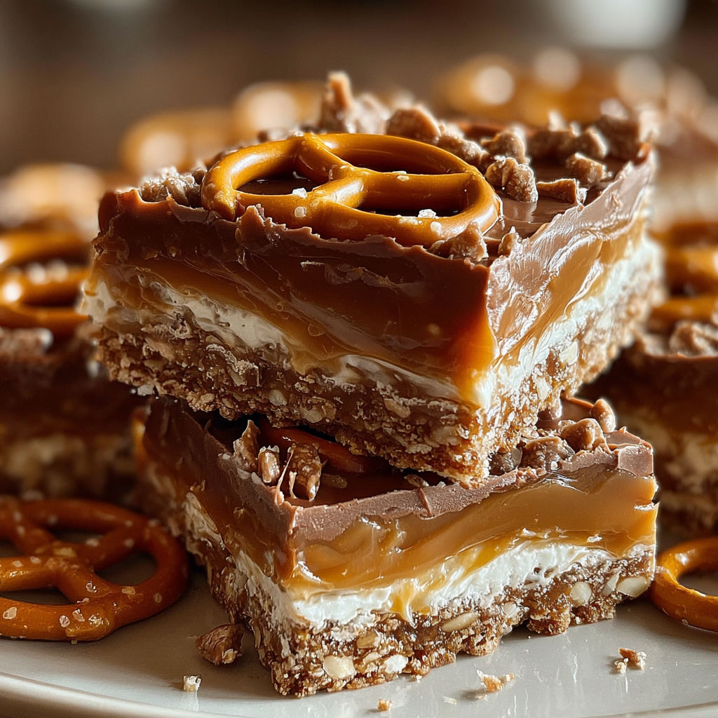 A plate of salted caramel pretzel bars.