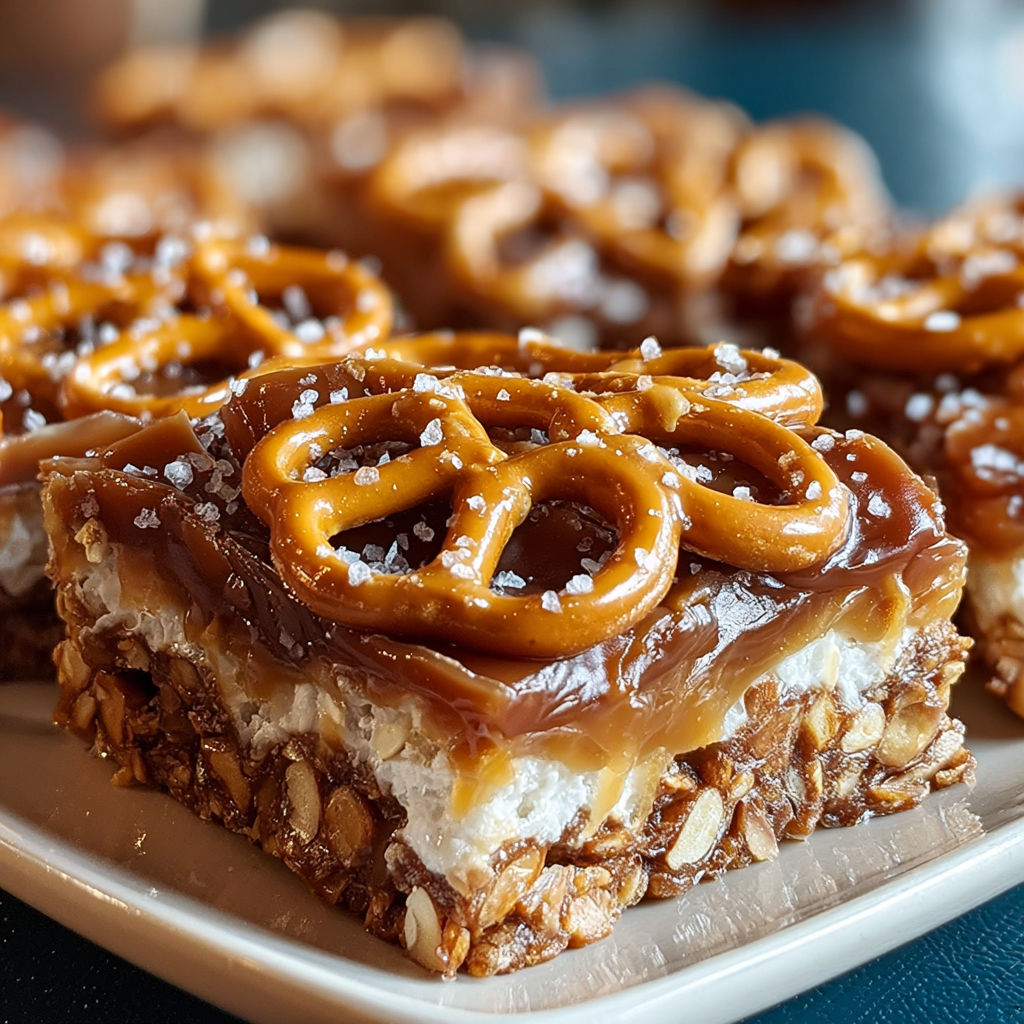 A plate of salted caramel pretzel bars.