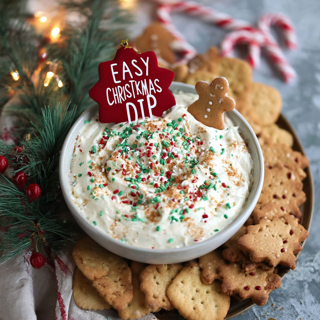 A plate of cookies with a sign that says "Easy Christmas Dip".