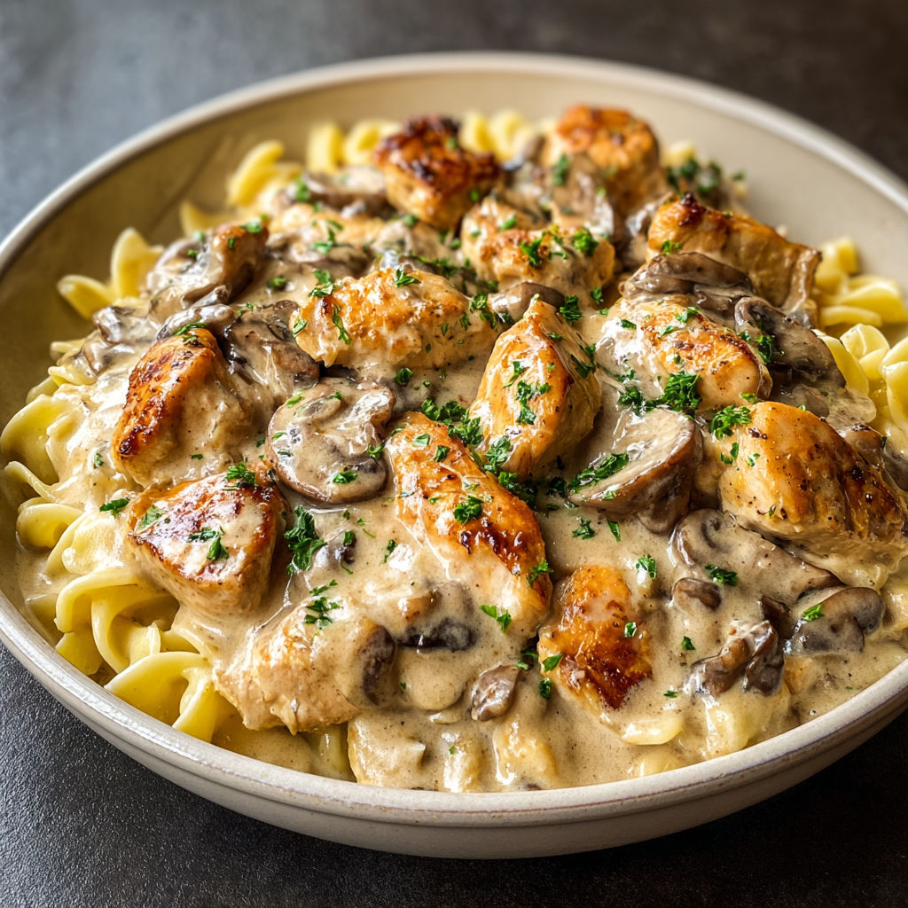 A bowl of creamy chicken stroganoff.