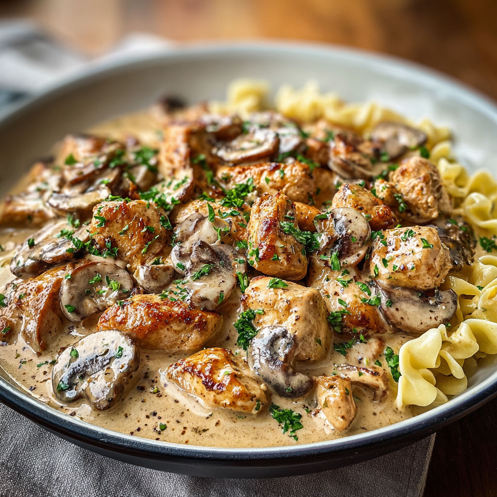 A plate of food with chicken and mushrooms.