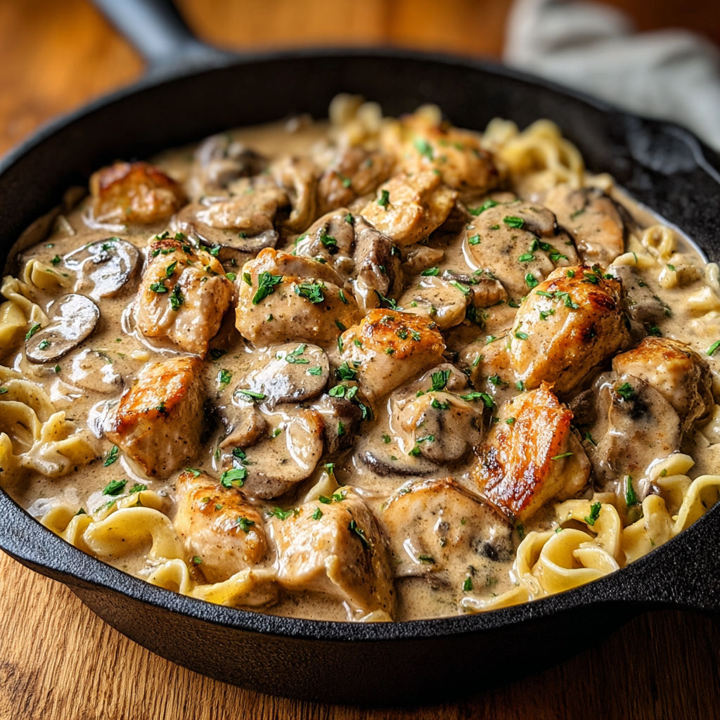 A delicious meal of chicken and mushrooms in a pan.