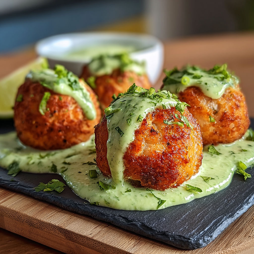 Salmon balls with creamy avocado sauce.