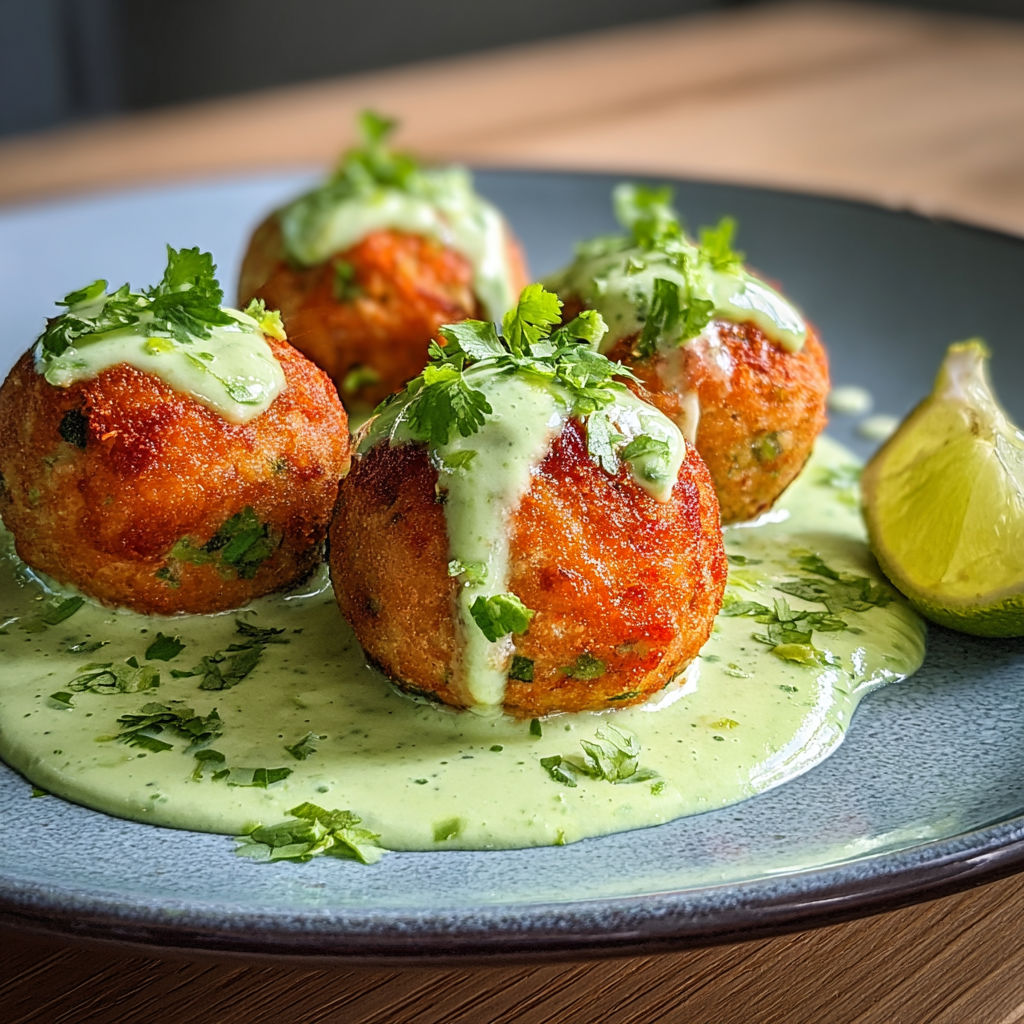 Salmon balls with creamy avocado sauce.