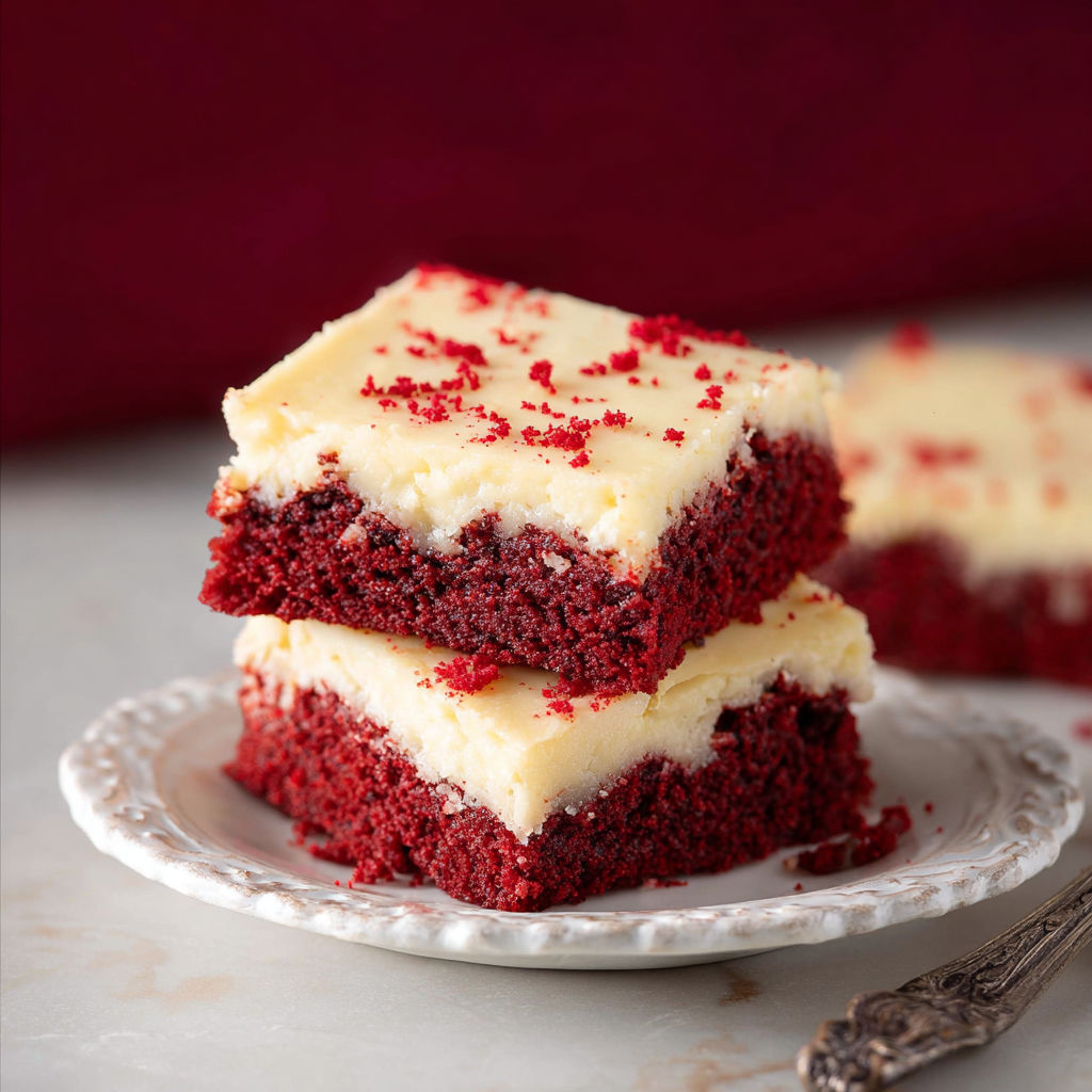 Red velvet cookie bars on a plate.