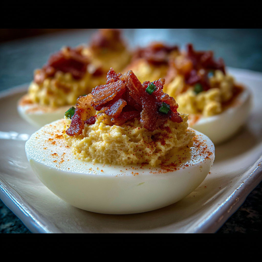 Two plates of bacon deviled eggs.