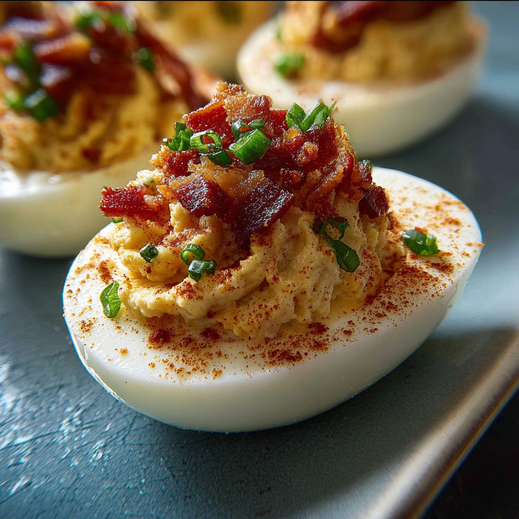 Bacon Deviled Eggs on a plate.