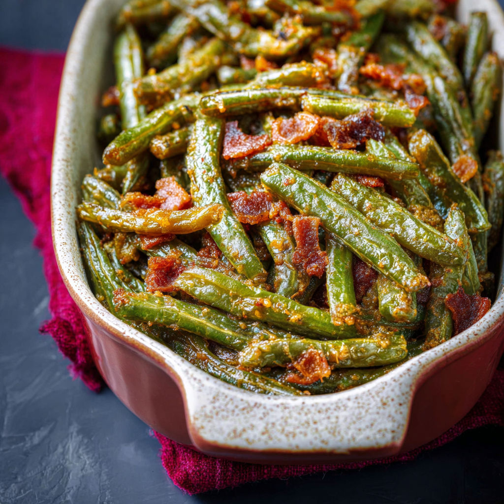 A dish of green beans with bacon.