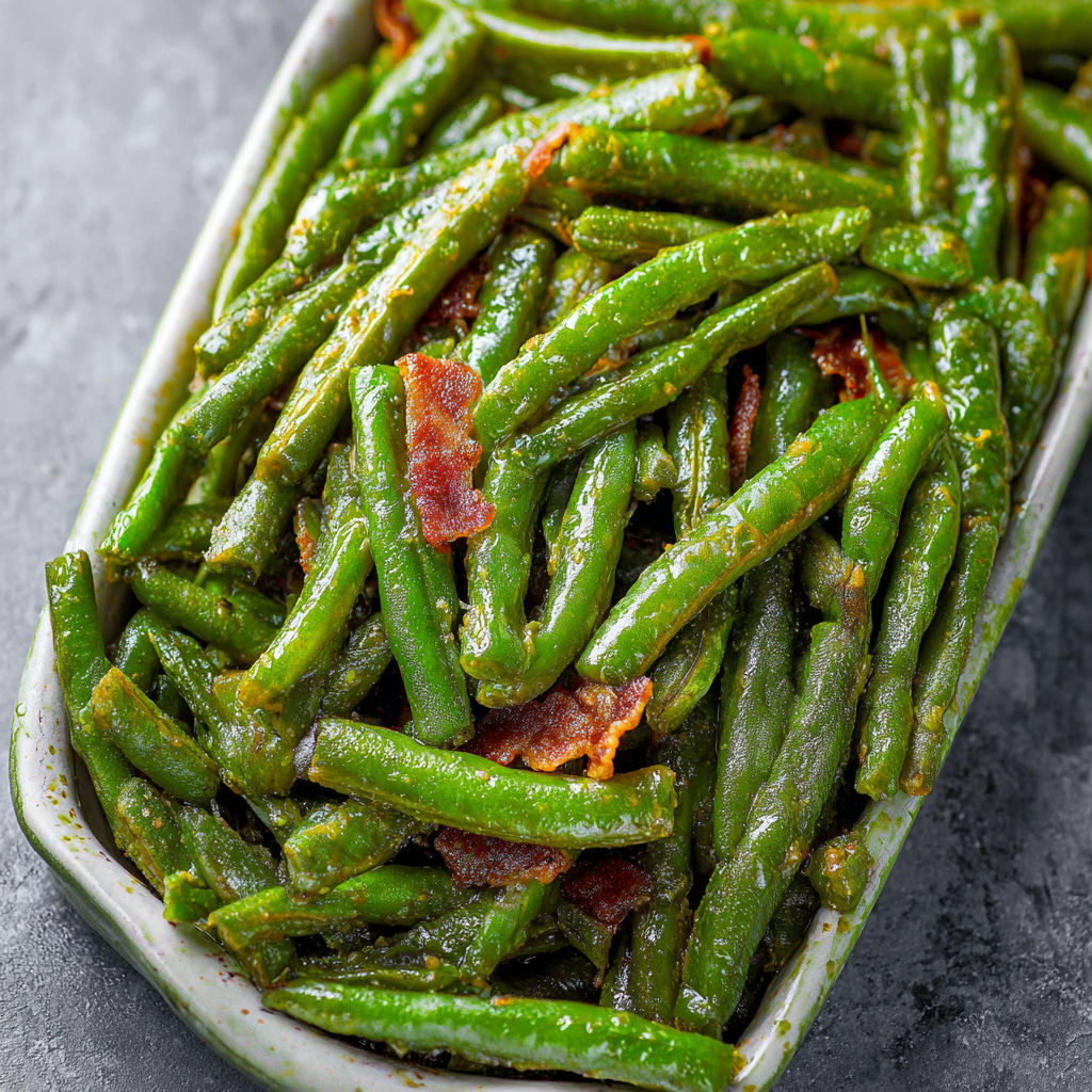 A bowl of green beans with bacon.