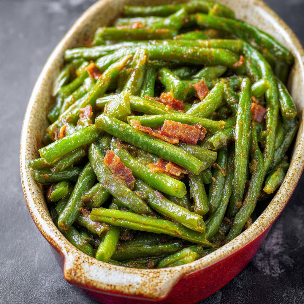 A bowl of green beans with bacon.