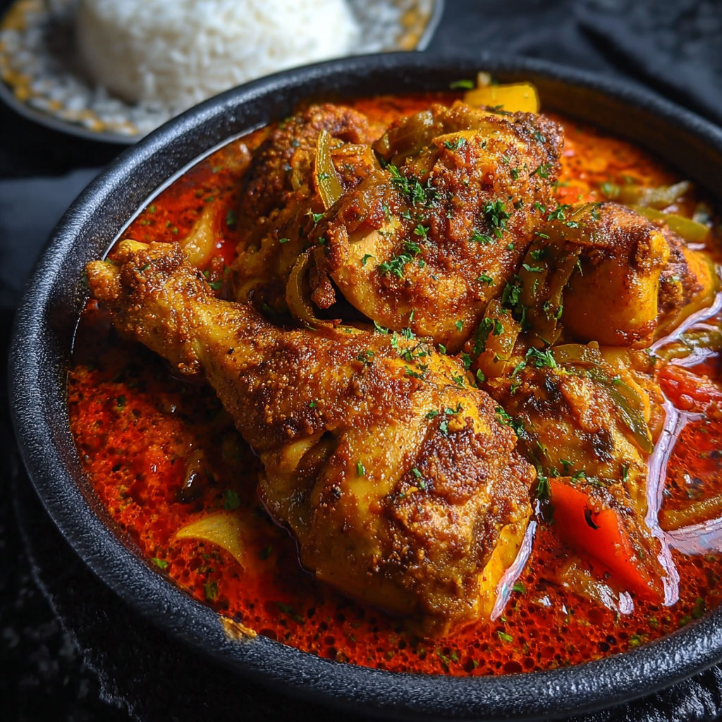 A bowl of Nigerian chicken stew with rice.