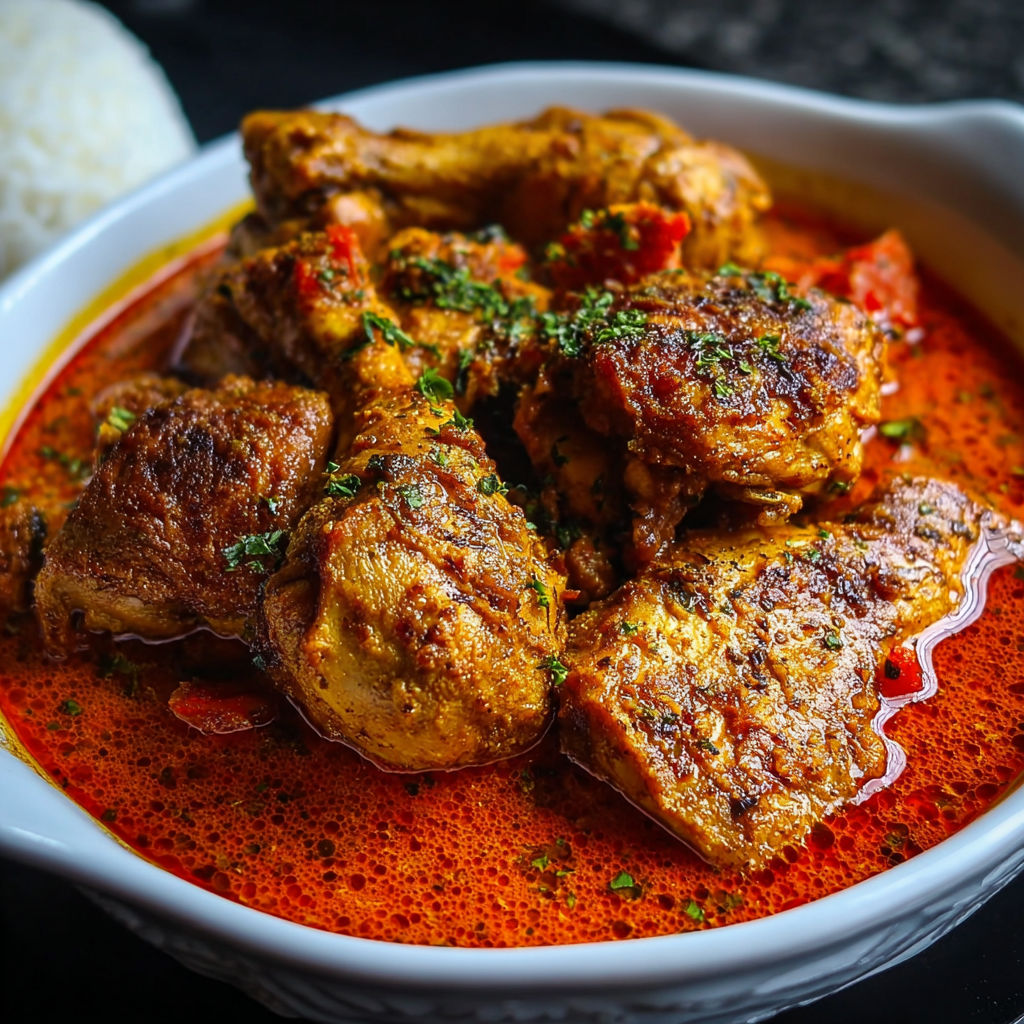 A bowl of chicken with a spoon in it.