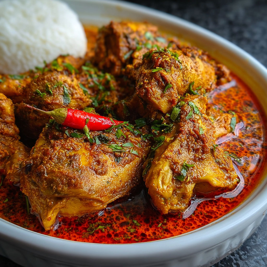 A bowl of food with a red sauce and a red pepper.