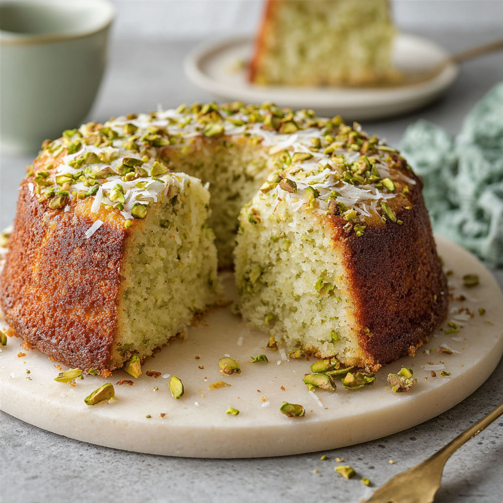 A slice of coconut and pistachio pudding cake.