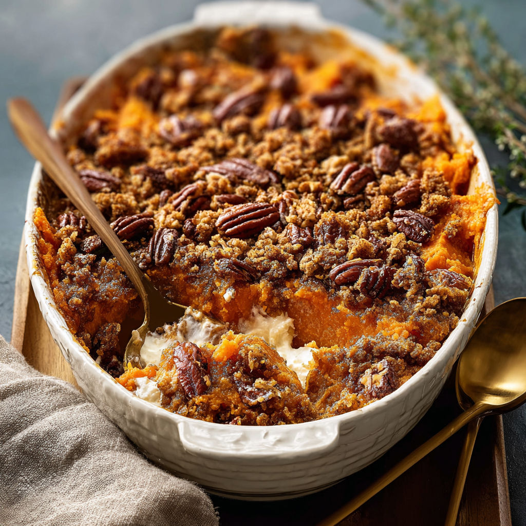 A white bowl filled with a sweet potato casserole.
