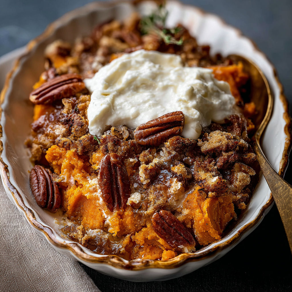 A bowl of sweet potato casserole with a dollop of butter on top.
