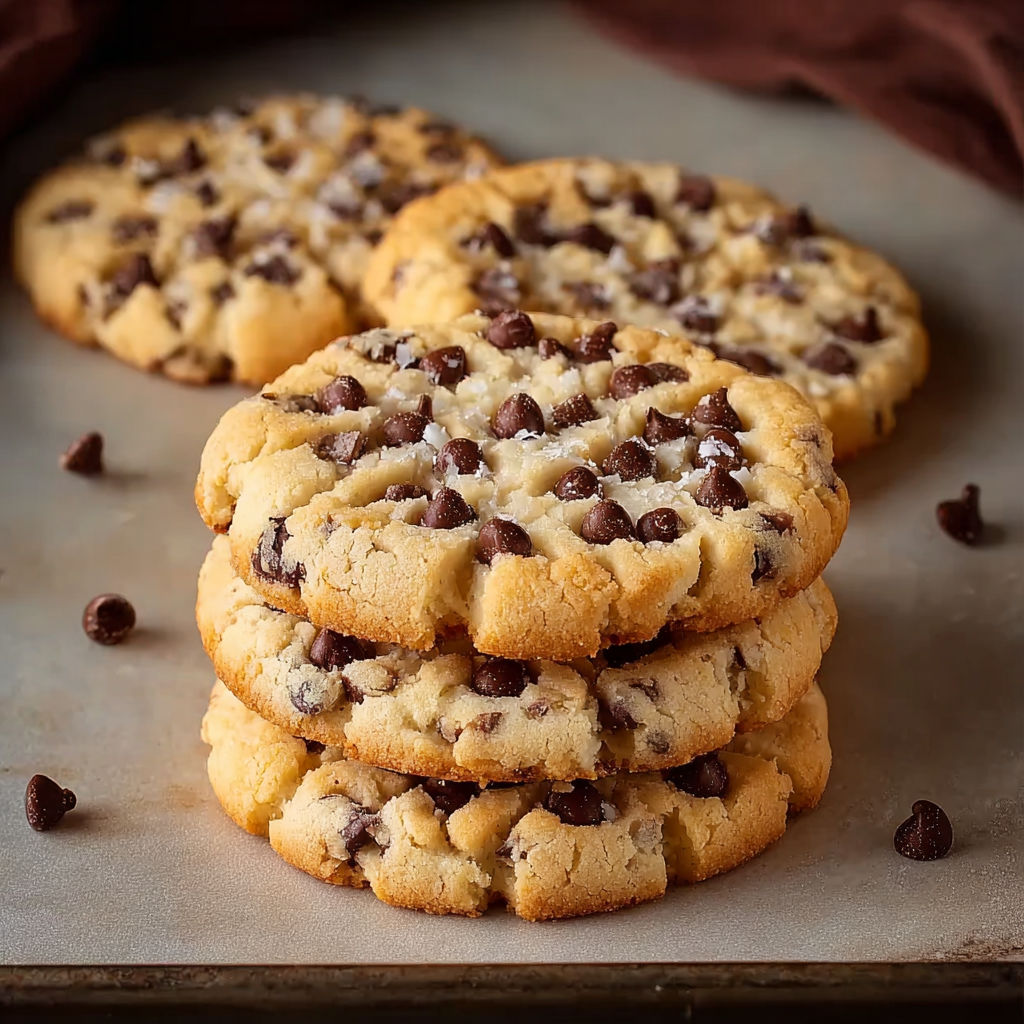 Three stacked chocolate chip cookies.