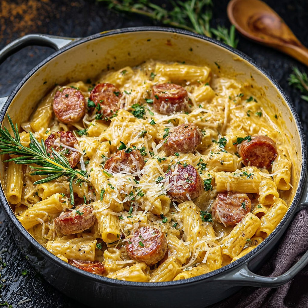 A skillet of creamy cajun sausage pasta.