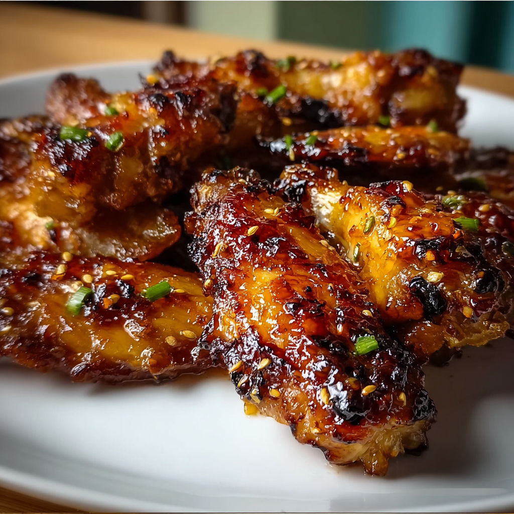 A plate of chicken wings with a sticky pineapple-teriyaki sauce.