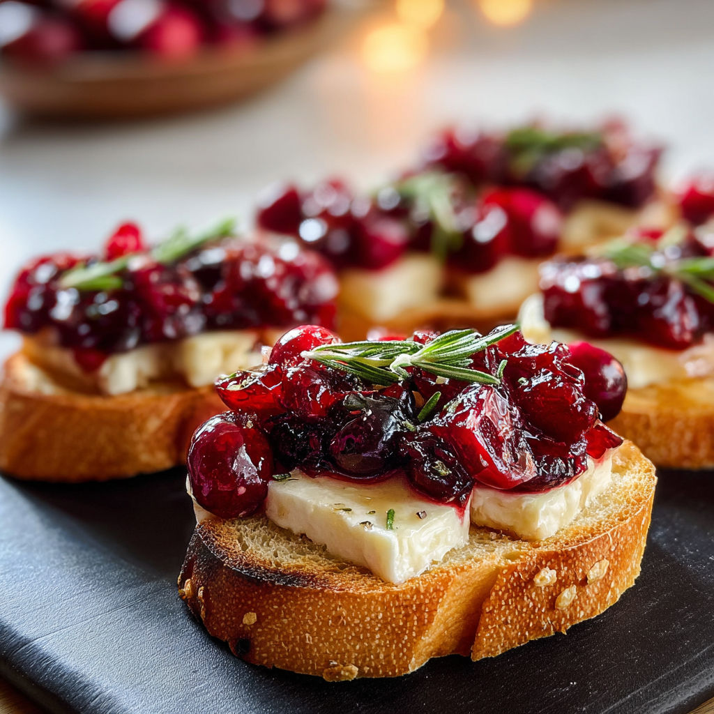 A plate of food with a slice of bread with cheese and cranberries.