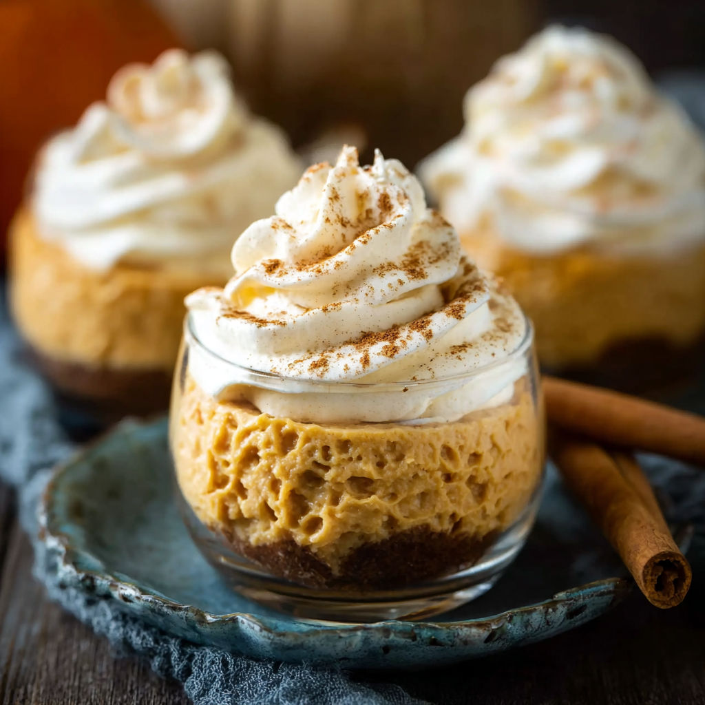 Three small pumpkin cheesecakes with whipped cream on top.