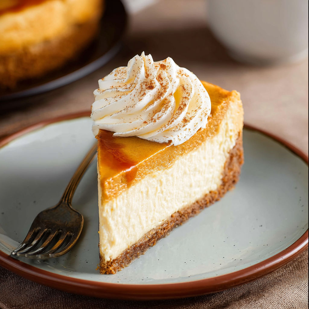 A slice of pumpkin cheesecake with whipped cream on top.